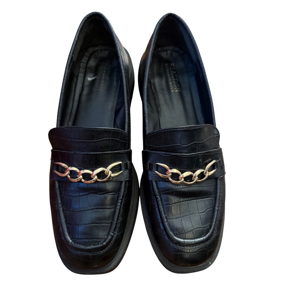 Kenneth Cole Reaction Black Croc Embossed Chunky Loafers Gold Chain 9.5